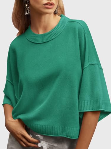Image of Saodimallsu Womens Short Sleeve Sweater Summer Oversized Cropped Sweaters Casual Crewneck Lightweight Knit Tops