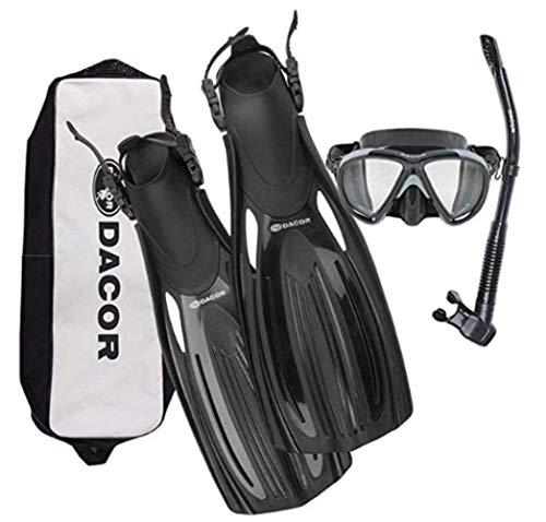 Dacor Mariner Scuba Diving & Snorkeling Package | Open Heel Fins, Mask & Semi-Dry Snorkel Set w Carry Bag | Pro Grade Performance & Comfort at Recreational Prices | Men & Women (Black, Medium)