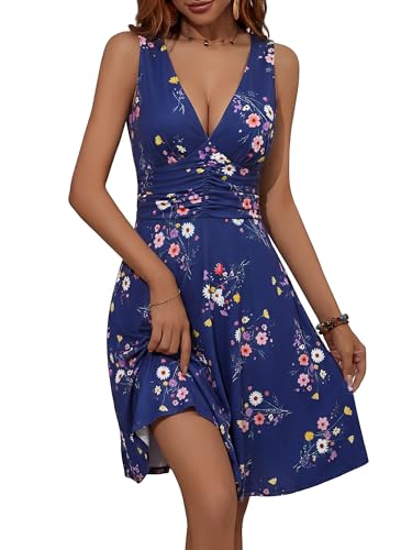Image of OURIN Women's Spring Deep V Neck Sleeveless Floral Sundresses with Pockets Flowy Summer Dresses for Women
