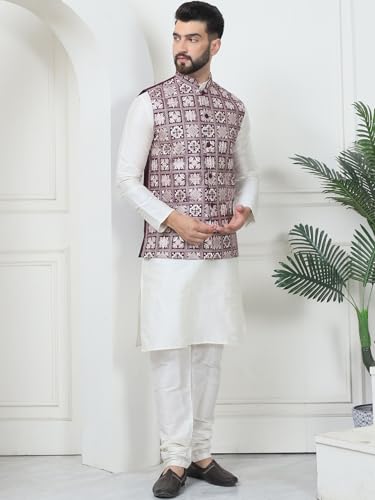 Image of SOJANYA (Since 1958 Men's Silk Blend Kurta Pyjama with Embroidered Nehru Jacket