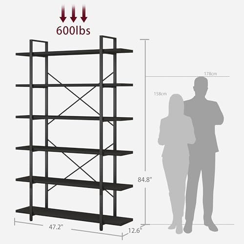 HSH 6 Tier Tall Modern Large Storage Book Shelves Display Book Shelf,Industrial Open Vertical Metal and Wood Black Bookcases 6 Shelf for Bedroom Living Room Office, Black Oak