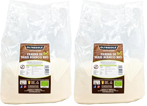 Oltresole, Harina de Maíz Blanca Ecológica Italiana 1 Kg, Sin Gluten, Sin OGM, 100% Made in Italy, Ideal para Polenta, Pan y Dulces, Perfecto para Celíacos y Veganos (Paquete de 2)