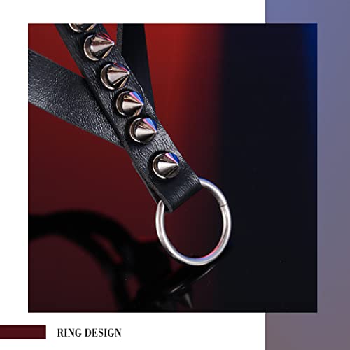 Punk Leather Bracelets Spiked Studded Bracelet Gothic Rock Bracelets with Ring Black Cuff Wristband for Women and Men4