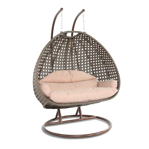 Image of Double Seater Hammock Swing Chair with Stand & Cushion | Heavy Duty Powder Coated Steel Frame | Outdoor Indoor Hanging Swing for Patio Balcony Garden Terrace Living Room (Golden-BEDGE)