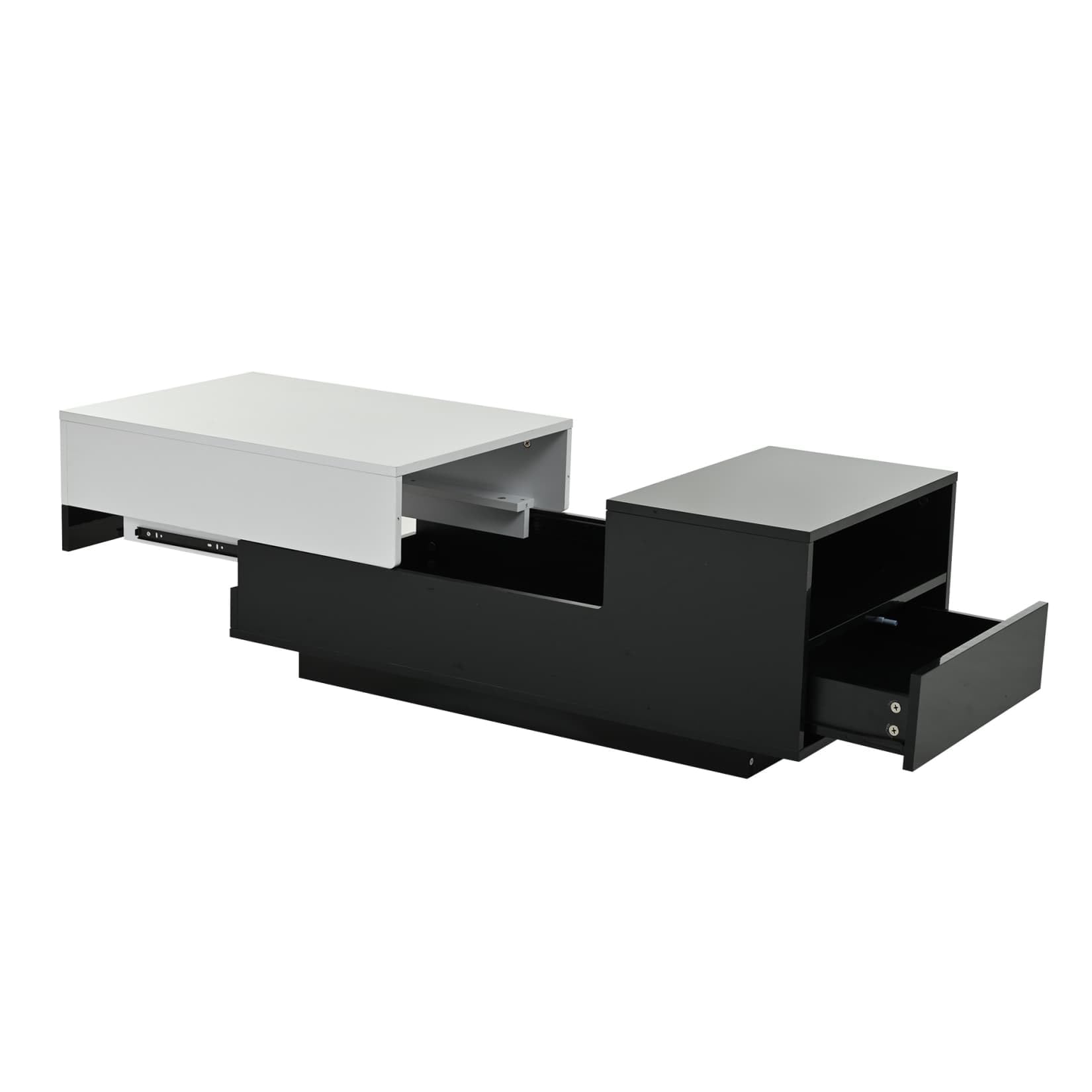 Table Basse Salon Blanche Extensible 100x50x38cm,Table d'appoint Brillante avec Plateau Coulissant,Tiroir,Grand Espace de Stockage,pour Salon (B-Noir)