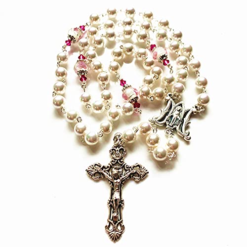 Elegantmedical Mother Of Pearl Catholic Rosary & Pink Rose Coloured Glaze Beads Italy Cross Crucifix Gift Box #TOP20