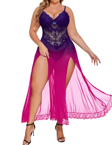 Image of Alrovetoney Plus Size Lingerie For Women Babydoll Sexy Mesh Maxi Nightdress Exotic Sleepwear Side Slits