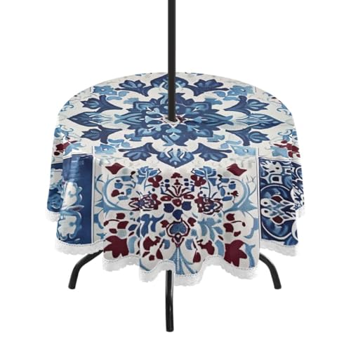 Wajiw 60 Inch Indoor Outdoor Round Tablecloth with Umbrella Hole and Zipper Waterproof Patio Table Cover for Camping Dining Room Party Outdoor Picnic,Tile Pattern