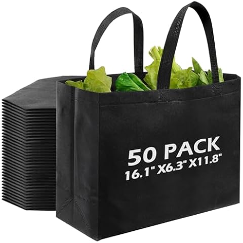 Yoojahow 50 Pcs Reusable Tote Bag Bulk Extra Large Non Woven Grocery Bag Shopping Bags with Handle for Boutiques Retail Store(Black) Cover