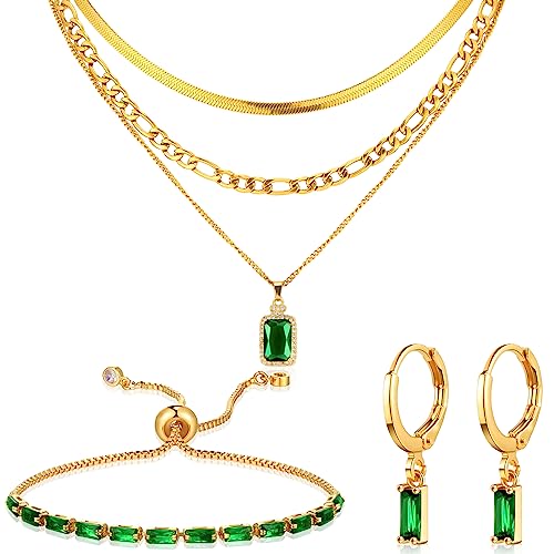 Sasylvia 3 Pcs Emerald Jewelry Set Green and Gold Jewelry for Women Zirconia Layered Necklace Emerald Bracelets Earrings Birthday Anniversary Trendy Gifts for Mom Wife Friend