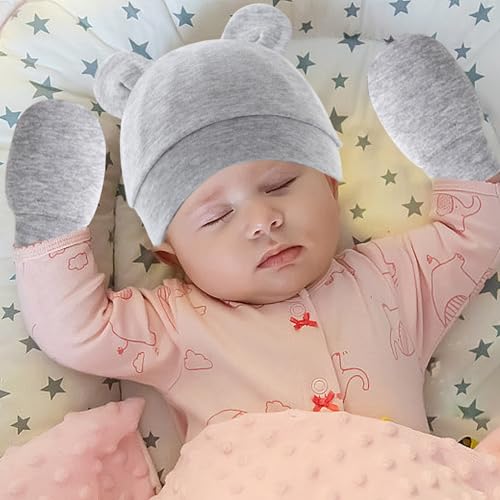 4 Set Baby Hats and Mittens, Soft Cotton Newborn Essentials Must Haves, Cute Infant Hats 0-3 Months for Boys, GirlsBaby and Mittens4