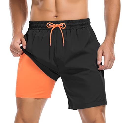 Mens Swim Shorts Mens Bathing Suits Mens Swim Trunks with Compression Liner Quick Dry Board Shorts Black L