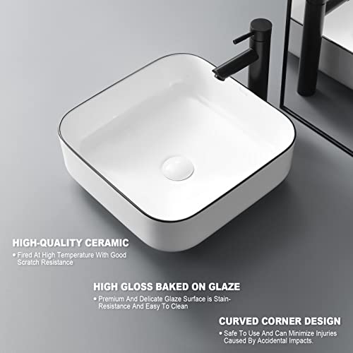 Tysun Vessel Sink Square, 15'' X 15'' Modern Bathroom Square Above Counter White Porcelain Ceramic Vessel Vanity Sink Art Basin #TOP3