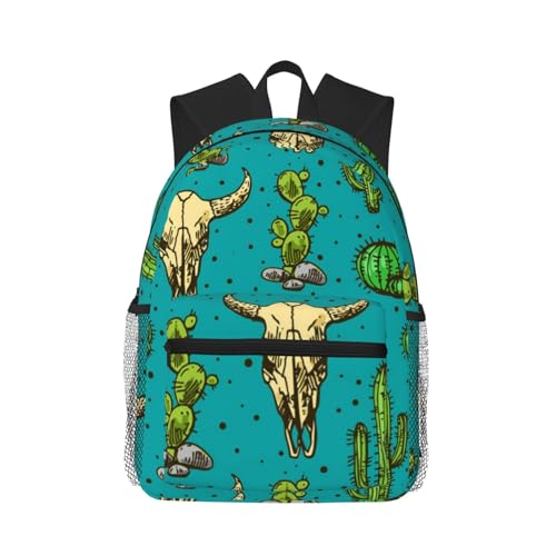 NUYFVG Hermosa mochila informal cómoda de pavo real para uso diario, versátil, para el trabajo, senderismo, viajes, al aire libre, Bonito cactus y calavera de toro, Talla única