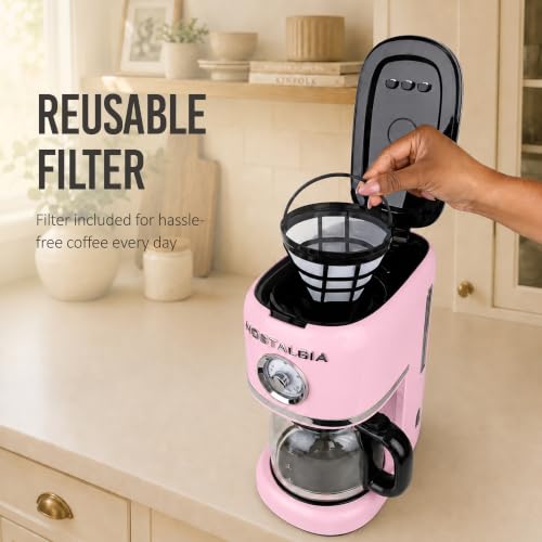 Image of Nostalgia Classic Retro 10 Cup Coffee Maker - One-Touch Drip Brew, Reusable Filter - Anti-Drip, Auto Shutoff, & Time Display - Dishwasher Safe 50 oz Carafe - Pink