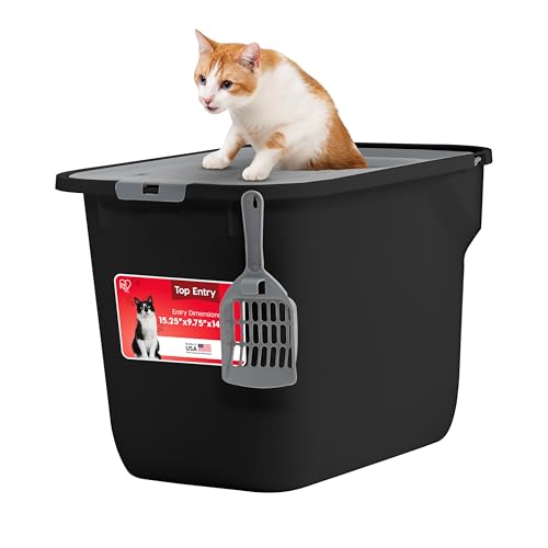 IRIS USA Large Top Entry Cat Litter Box with Lid Enclosed Covered Cat Litter Box for Indoor Cats Dog Proof Design Odor Control Litter Tracking Reduction Scoop Included Black/Gray