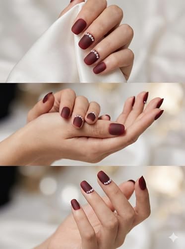 Image of Fake Nails with Glue and Kit| Press On Nails | ABS Material UV Protected Long Lasting Finish | Reusable Customizable Nail Kit (Burgundy - Short Squre)