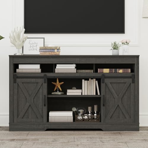 Image of RoyalCraft Farmhouse TV Stand for 65+ Inch TV, 34'' Tall Entertainment Center with Sliding Barn Doors, Rustic Wood Media Console Storage Cabinet Television Stand for Living Room, Bedroom (Dark Grey)