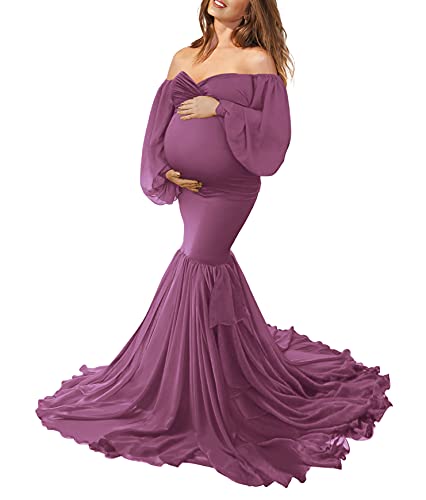Saslax Maternity Dress for Photoshoot Off Shoulder Chiffon Long Sleeves and Tiered Mermaid Skirt Pregnancy Maxi Gown Mauve 15 Large