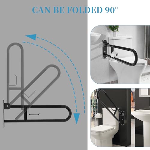 Image of Toilet Grab Bar 30.3 Inch Black, Munzong Anti-Slip Handicap Grab Bars with Paper Holder, Flip-Up Bathroom Safety Rails, Stainless Steel Knurled Support handrails for Seniors Elderly Disabled Pregnant