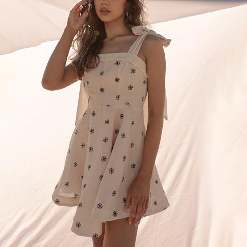 Image of Women Tie Shoulder Mini Dress Floral Ruffle Babydoll Dress Boho Square Neck Sundress Cute Summer Dresses
