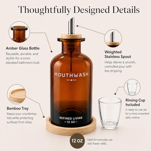 Image of Mouthwash Dispenser for Bathroom, 12 OZ Refillable Glass Mouthwash Bottle with Cup and Bamboo Tray, Decorative Mouth Wash Dispenser Set for Bathroom (Amber)
