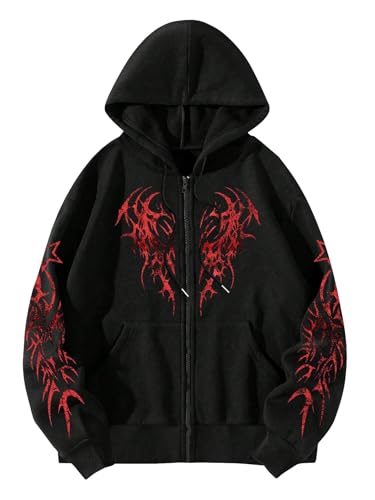 Floerns Men's Causal Graphic Print Long Sleeve Zip Up Drawstring