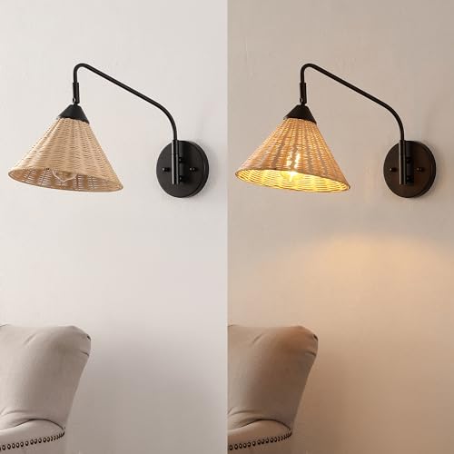 Image of JONATHAN Y 11 inch Black and Natural 1-Light Rattan and Metal Swing Arm Wall Sconce, Vintage Coastal Wall Lamp with Pivoting Head for Bedroom Reading, LED Bulb Included JYL1602A