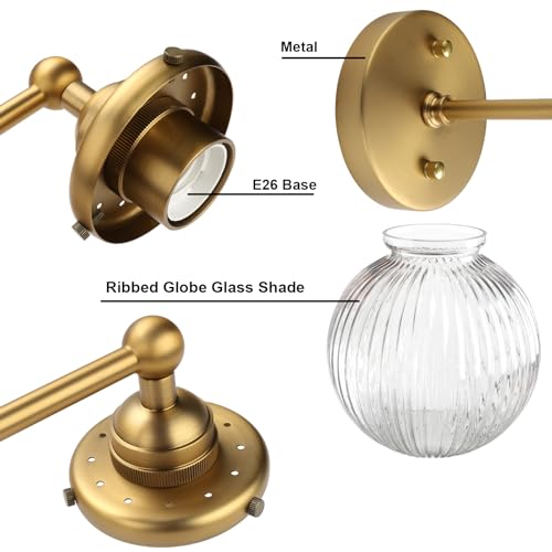 Image of Yosoan 2-Light Indoor Boho Vanity Wall Sconce with Striped Round Glass, Brass Gold Modern Hardwired Vintage Industrial Wall Mount Farmhouse Retro Ribbed Shade for Bathroom Kitchen Bedroom(Antique)