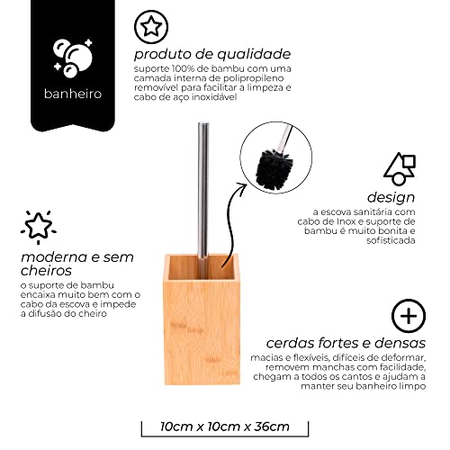 Mimo Style Escova Sanitária com Cabo de Inox e Suporte Quadrado de Bambu. Aparência Moderna e Elegan