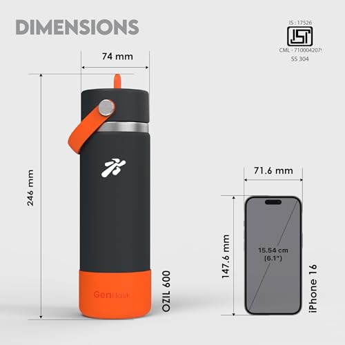Image of VBOTT GENFLASK-Ozil -600 ml|Thermosteel Flask with Straw Sipper & Carrying Loop| SS 304 Water Bottle|Hot /Cold-18 /24 hrs|Insulated Bottles|Dark Grey /Orange Colour|Multipurpose
