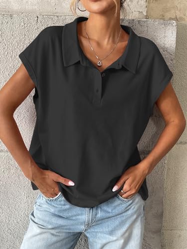 Womens Cotton Cap Sleeve Polo Shirts Oversized Short Sleeve Henley Neck Tops Summer Loose Fit Boxy Tees2
