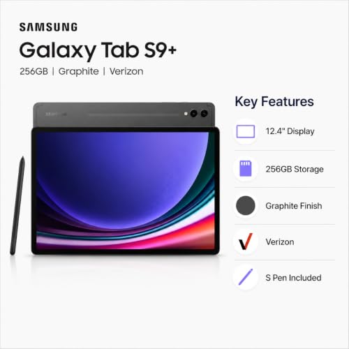 Image of Samsung Galaxy Tab S9+ 5G Tablet, 256GB, Graphite, Verizon, 12.4 inch Dynamic AMOLED 2X Display, S Pen Included