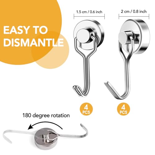 8 Stück Magnethaken Extra Stark, Magnet Schlüsselhalter, Magnet Handtuchhalter, Drehbar Magnetischer Haken rostfrei Metallhaken für Kreuzfahrt Grill BBQ Küche Kühlschränke Gadgets Eisentüren Büro