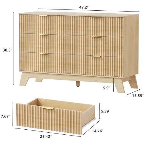 Image of 6 Drawer Dresser for Bedroom, Fluted Dressers Chest of Drawers with Gold Handle, Mid Century Modern Dresser for Closet, Wood Closet Storage Organizer Furniture for Bedroom, Living Room, Natural