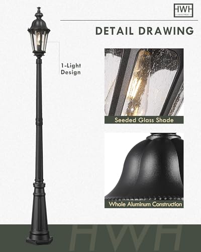 Image of HWH Outdoor Pole Lights with Post 85'' Aluminum Lamp Post Light Fixtures with Seeded Glass, Exterior Hardwired Street Light for Outside Yard Garden Pathway, Matte Black, 5HW90PL BK