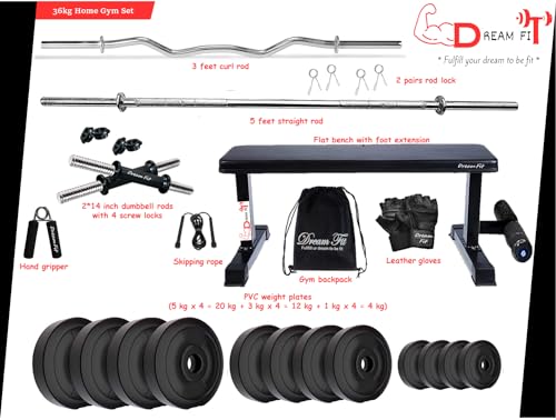 Image of DREAM FIT PVC Home Gym Set - 36 kg with 1 Flat Bench with Foot Extension, 3 ft Curling Rod, 5 ft Straight Rod, 1 Pair Dumbbell rods and Gym Accessories (36kg)