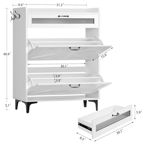 Image of TEENFON Slim Shoe Cabinet, Farmhouse Hidden Shoe Storage with 2 Flip Drawers & 1 Top Drawer, Narrow Shoe Cabinet with Adjustable Shelves and Hooks, Shoe Storage Cabinet for Entryway, White