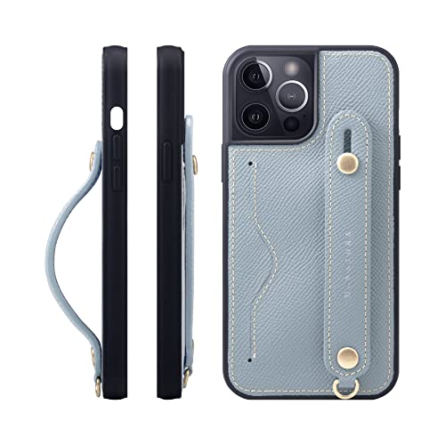 iPhone13 Pro Max ケース 本革 グリップケース エンボスレザー ストラップ付属 片手操作 カードポケット スタンド機能 メンズ レディース ブルー ラン NCGH-13ProMax-Bluelin