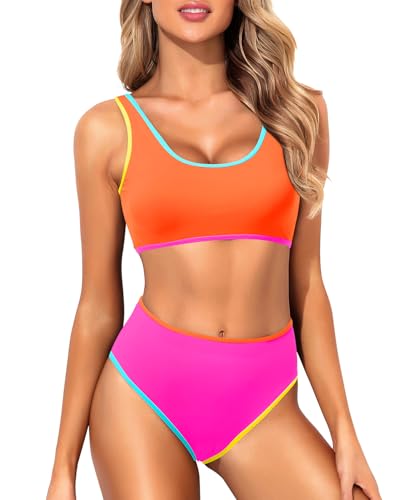 Image of Tempt Me Women Sporty Bikini Set Two Piece High Waisted Swimsuit Athletic Scoop Neck Bathing Suit