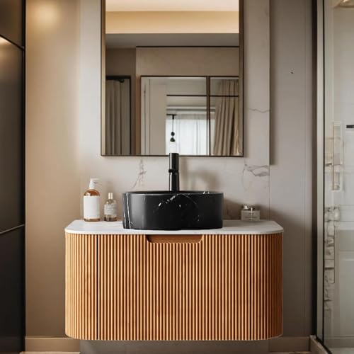 AmbroVania 30" Floating Bathroom Vanity with Sink, Storage Vanities with Marble Countertop and Stone Pattern Ceramic Basin, Extra Large Storage Drawer, Soft-Close Design, Pre-Assembled, Nature Wood