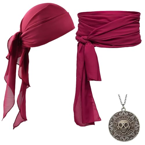 Acessórios para disfarces de pirata, 3 peças acessórios para disfarce pirata, acessórios de disfarce de pirata, cinto pirata, bandana de pirata, pirata colar, conjunto de papel pirata festas (vermelho