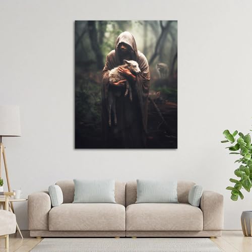 Image of GUN SUPPLIES OUTLET LLC Jesus and Lamb Canvas Wall Art Jesus Rescues A Muddy Lamb Picture Wall Art Christian Home Decor 12x16 inch
