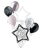 Jeckaroonie Balloons 7 pc 40th Elegant Star Happy Birthday Balloon Bouquet Decoration Black & White