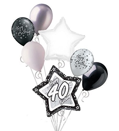 Jeckaroonie Balloons 7 Pc 40Th Elegant Star Happy Birthday Balloon Bouquet Decoration Black & White #TOP22