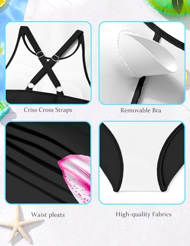 Image of CRISONE Girls Swimsuit High Neck Girls Bathing Suit Cross Back Ruched Gradien One Piece Girl Swimwear 9-16Y