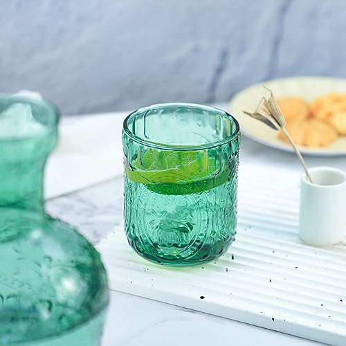 RockTrend Retro Relief Glass Bedside Night Water Carafe with Tumbler Glass, Pitcher And Cup Night Set-Green