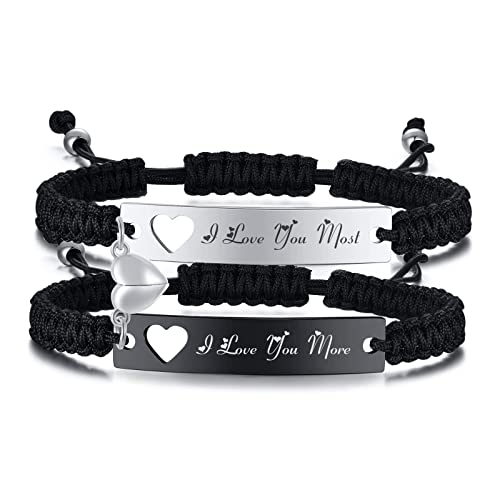 MPRAINBOW Personalized Braided Couples Bracelet：Custom Name Promise Words Engraved Bracelets Attraction Relationship Bracelets for Him and Her (Love More & Most)