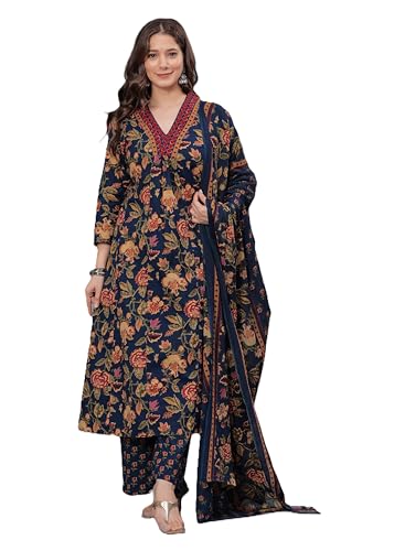 Image of Arayna Women's Pure Cotton Block Printed Kurta Set with Palazzo Pants & Dupatta - Ethnic Wear