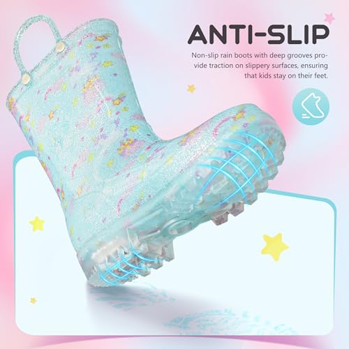 Rain Boots for Girls Toddlers - Light Up Kids Rainboots Boots Waterproof Lightweight Rain Shoes with Handles (Toddler/Little/Big kids)2